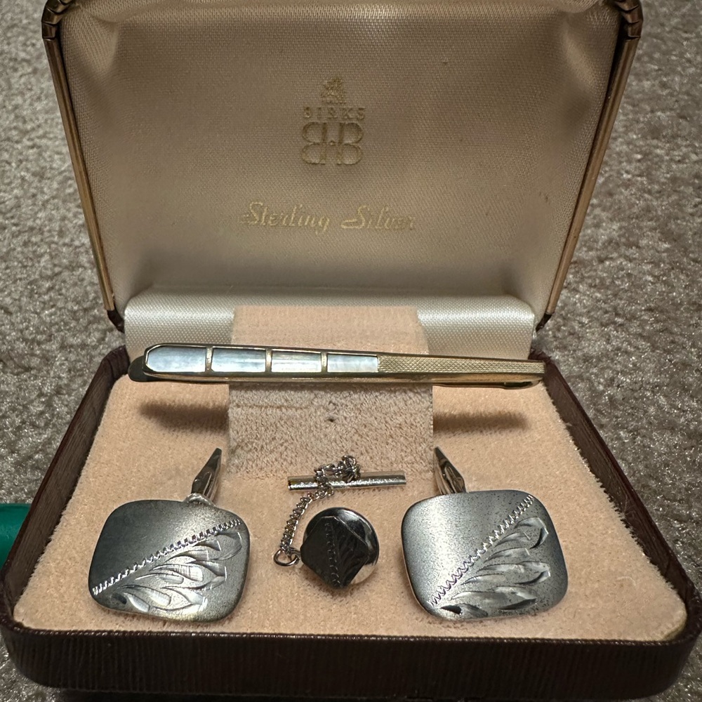 Birks Stirling Silver cuff links and tie clip.
